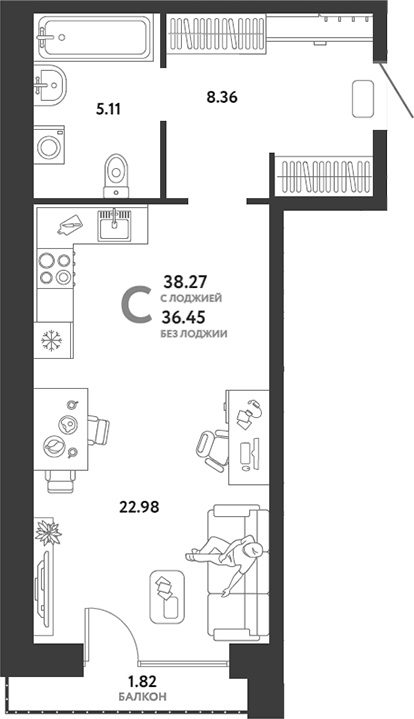 Планировка Студия, 38,27 м² в ЖК Страна.Энтузиастов